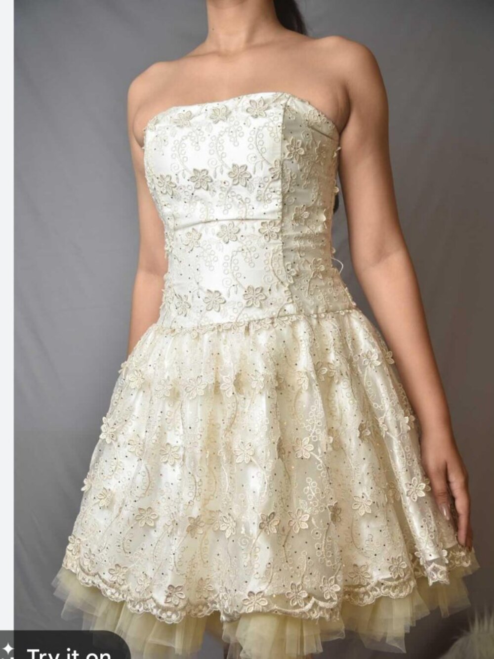 Vintage Jessica McClintock Cream Lace Strapless Tulled Dress.  SZ 14